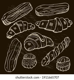 Food background. A sketch of sweet pastries and desserts.