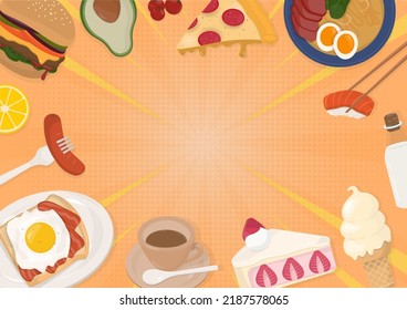 Food background with space for copy text. Dessert, beverage, fruit, and food. Colorful vector illustration.