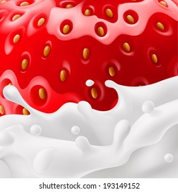 Food background of strawberry with milk splashes in close-up