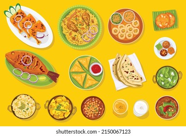 Food background, Top down view variety of Indian food 