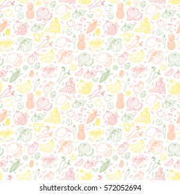 Food background. Vegetables and fruits seamless pattern. Hand drawn doodle Fresh Fruit and Vegetable. Vector illustration.