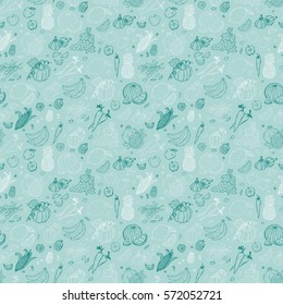 Food background. Vegetables and fruits seamless pattern. Hand drawn doodle Fresh Fruit and Vegetable. Vector illustration.