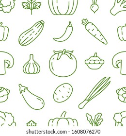 Food background, vegetables seamless pattern. Healthy eating - tomato, garlic, carrot, pepper, broccoli, cucumber line icons. Vegetarian, farm grocery store vector illustration, green white color.