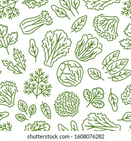 Food background, vegetables seamless pattern. Healthy eating - lettuce, iceberg salad, parsley, dill, spinach leaf line icons. Vegetarian, farm grocery store vector illustration, green white color.