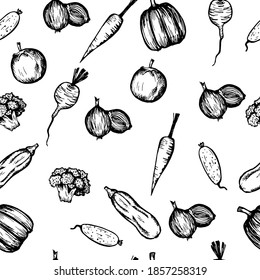 Food background, vegetables seamless pattern. Healthy eating - tomato, carrot, pepper, broccoli, cucumber line icons. Vegetarian, farm grocery store vector illustration