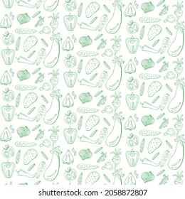 Food background, vegetables seamless pattern. Healthy eating - tomato, garlic, carrot, pepper, broccoli, cucumber line icons. Vegetarian, farm grocery store vector illustration, green white color.