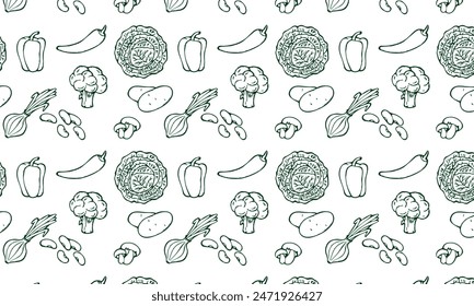 Food background, vegetables seamless pattern. Healthy eating - tomato, garlic, carrot, pepper, broccoli, cucumber line icons. Vegetarian, farm grocery store vector illustration, green white color	