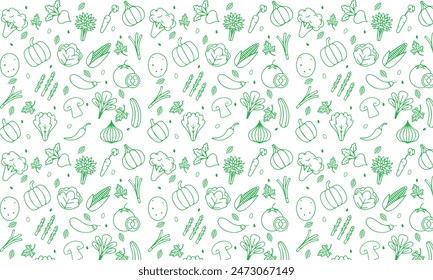 Food background, vegetables seamless pattern. Healthy eating - tomato, garlic, carrot, pepper, broccoli, cucumber line icons. Vegetarian, farm grocery store vector illustration, green white color	