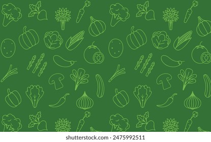 Food background, vegetables seamless pattern. Healthy eating - tomato, garlic, carrot, pepper, broccoli, cucumber line icons. Vegetarian, farm grocery store vector illustration, green white color	