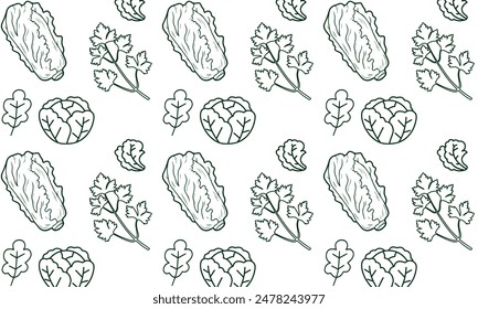 Fondo de la comida, patrón sin fisuras de las verduras. Alimentación saludable: tomate, ajo, zanahoria, pimienta, brócoli, iconos de línea de pepino. Vegetariano, Ilustración vectorial de tienda de comestibles de granja