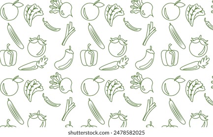 Fondo de la comida, patrón sin fisuras de las verduras. Alimentación saludable: tomate, ajo, zanahoria, pimienta, brócoli, iconos de línea de pepino. Vegetariano, Ilustración vectorial de la tienda de comestibles de la granja, color blanco verde	