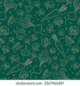 Food background, vegetables seamless pattern. Healthy eating - tomato, garlic, carrot, pepper, broccoli, cucumber line icons. Vegetarian, farm grocery store vector illustration.