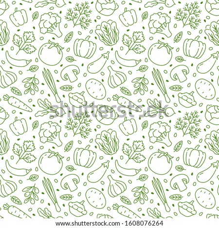 Food background, vegetables seamless pattern. Healthy eating - tomato, garlic, carrot, pepper, broccoli, cucumber line icons. Vegetarian, farm grocery store vector illustration, green white color.