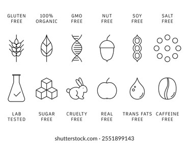 Food Badges. Allergens Icons. Set allergen free icons. Allergen free products. Products warning symbols. Gluten, sugar, trans fat, soy, nuts free, coffeine sign