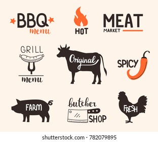 Food badges collection. Farm meat, bbq and grill labels. Hand drawn vector illustration.