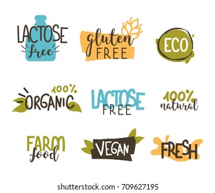 Food badges collection.  Gluten and lactose free, healthy and vegan food labels.  Hand drawn vector illustration.