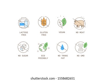 Food Badges Icons Collection. Gluten, Lactose and Sugar Free Labels. Vegan Food and Eco friendly Signs. Healthy Dietary Logos Templates. Flat Cartoon Vector Illustration.