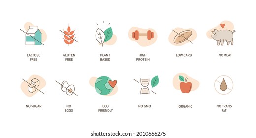 Food badges icons collection. Gluten, lactose and sugar free labels. Vegan food and eco friendly signs. Healthy dietary logos templates. Flat cartoon vector illustration.