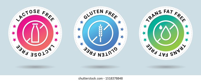 Food Badges.  Lactose, Gluten And Trans Fat Free Stamps Set Stock Illustration.