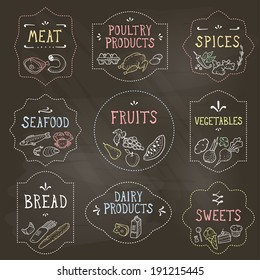 Food Badges Set, Hand Drawn by Chalk. Vector illustration, eps10.