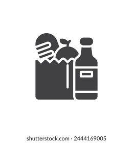 Icono de Vector de botella y bolso de comida. letrero plano relleno para concepto móvil y Diseño web. Icono de glifo de artículos de comestibles. Símbolo de alimentos y bebidas, ilustración de logotipo. Vector gráfico