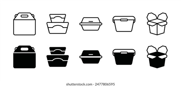 Food bag or box thin line icon set. Containing packaging, cardboard box, container, product, snack, lunch box, paper, eatery, fast food, tableware. Vector illustration