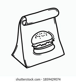 Icono del vector del doodle de la bolsa de comida. Línea dibujada a mano en la ilustración del esbozo de dibujo.