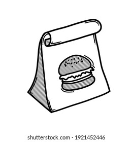 Icono del vector del doodle de la bolsa de comida. Línea dibujada a mano en la ilustración del esbozo de dibujo.