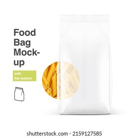 Food Bag Mockup With Flat Bottom. Vector Illustration. High Realistic Detail. Front View. Ready For Your Design. Perfect For The Presentation Your Product. EPS10.