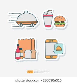 Food Bag, Phone Order, Burger Doodle. Set of Food Delivery Service Related Doodle Sticker Vector Illustration