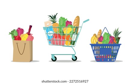 Food bag. Shopping cart and paper bag with supermarket grocery set, bread, milk, vegetables, fruits, meat, cart full of healthy fresh food, online shopping illustration. Vector clipart.