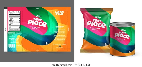 Lebensmitteltasche. Vektorgrafik-Paket. Lebensmittelbeutel-Folienverpackung. 3D Beutel für Snack Produkt Mockup Design. Schokoladenfolienverpackung. Kissenbeutel für Chips oder Keks. Kaffeebeutel, Teebehälter