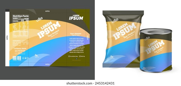 Food bag. vector package. Food pouch foil pack. 3d sachet for snack product mockup design. Chocolate Foil packet. Pillow bag for chips or cookie. Coffee bag, tea container