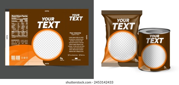 Food bag. vector package. Food pouch foil pack. 3d sachet for snack product mockup design. Chocolate Foil packet. Pillow bag for chips or cookie. Coffee bag, tea container