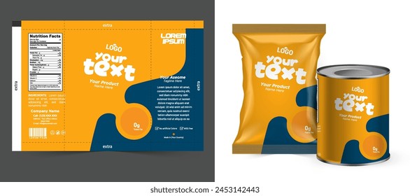 Lebensmitteltasche. Vektorgrafik-Paket. Lebensmittelbeutel-Folienverpackung. 3D Beutel für Snack Produkt Mockup Design. Schokoladenfolienverpackung. Kissenbeutel für Chips oder Keks. Kaffeebeutel, Teebehälter