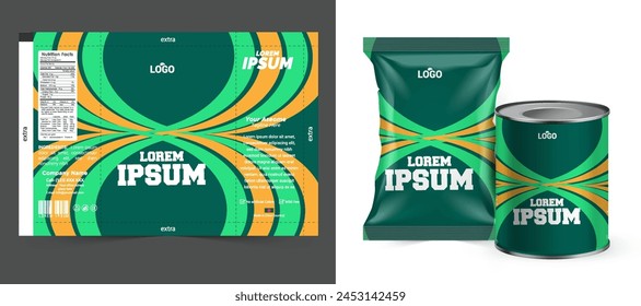 Food bag. vector package. Food pouch foil pack. 3d sachet for snack product mockup design. Chocolate Foil packet. Pillow bag for chips or cookie. Coffee bag, tea container