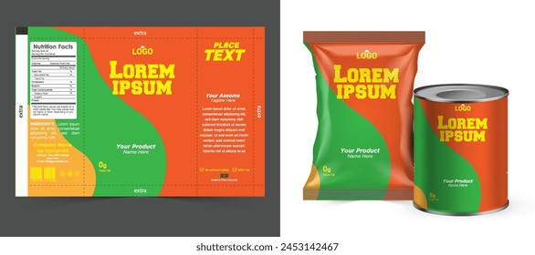 Lebensmitteltasche. Vektorgrafik-Paket. Lebensmittelbeutel-Folienverpackung. 3D Beutel für Snack Produkt Mockup Design. Schokoladenfolienverpackung. Kissenbeutel für Chips oder Keks. Kaffeebeutel, Teebehälter