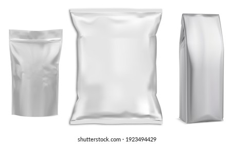 Food bag. White vector package. Food pouch foil pack. 3d sachet for snack product mockup design. Chaocolate Foil packet. Pillow bag for chips or cookie. Coffee bag, tea container