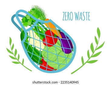 Food in bag, zero waste, vector illustration, eco mesh with organic green vegetables, ecology friendly shopping, isolated on white.