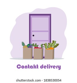 Food bags at the front door of the apartment. Contactless delivery. Vector illustration.