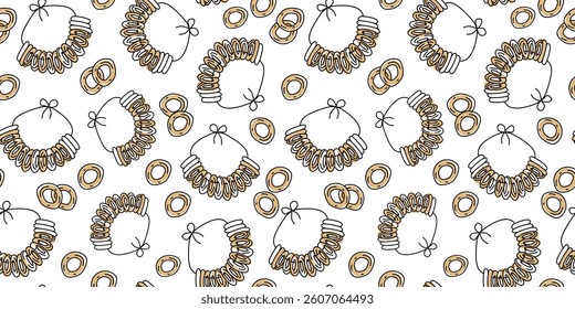 Food, baked goods. The pattern seamless. A bundle of bagels. Russian tradition, fair, dough product. Set of icons in doodle style. Vector repeating background.