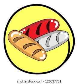 Food and Bakery, A Cartoon Illustration of A Loaf of Bread Icon in Yellow Circle Frame