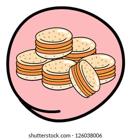 Food and Bakery, A Cartoon Illustration Stack of Fresh Macaroons Icon in Pink Circle Frame