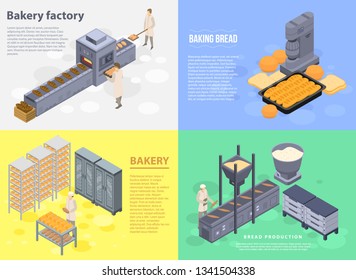 Food Bakery Factory Banner Set. Isometric Set Of Food Bakery Factory Vector Banner For Web Design