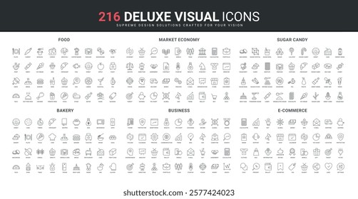 Food of bakery, grocery store and supermarket, confectionery and pastry shop, sugar products line icon set. Market economy documents and strategy thin black outline symbols vector illustration