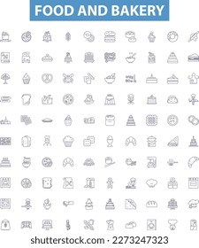 Food and bakery line icons, signs set. Bakery, Food, Cake, Pastry, Donut, Pie, Bread, Biscuit, Cookie outline vector illustrations.