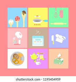 food bakery logo label icon square set with spoon and fork cookies,pan and egg,rolling pin,mixer,machine,oven,croissant and pretzel, tea set, and toaster flat vector illustration design isolated