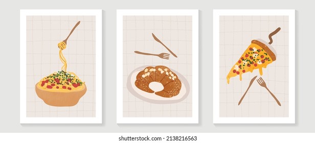 Juego de vectores de arte de pared de comida y panadería. Diseño de doodles dibujado a mano con Spaghetti, Croissant y Pizza. Ilustración para impresiones, papel pintado, portada, decoración de imagen de restaurante.  