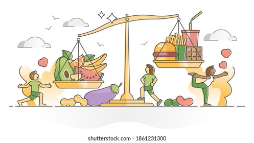 Food Balance As Body Control With Healthy Meal Diet Vs Junk And Fast Food Outline Concept. Ingredients Scale With Compared Vegetarian Fresh Products And Fatty Unhealthy Eating Vector Illustration.