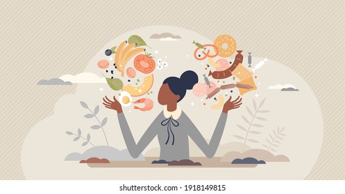 Food Balance As Healthy Eating Diet Proportion To Junk Tiny Person Concept. Choose Vegetables And Fruits With Vitamins For Weight Loss And Wellness Vector Illustration. Compare Ingredients Proportion.